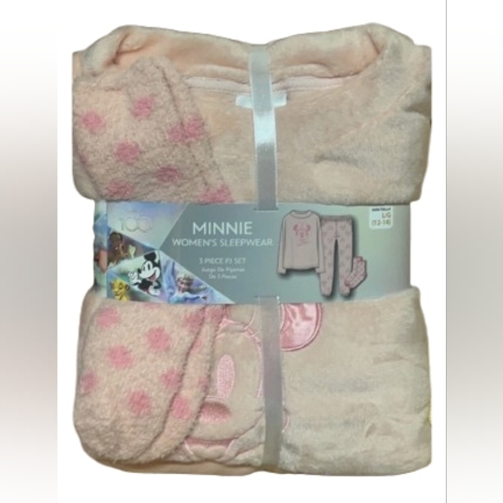 DISNEY MINNIE MOUSE WOMENS PAJAMAS SIZE L(16-18) 3 PIECE SET W/SOCKS